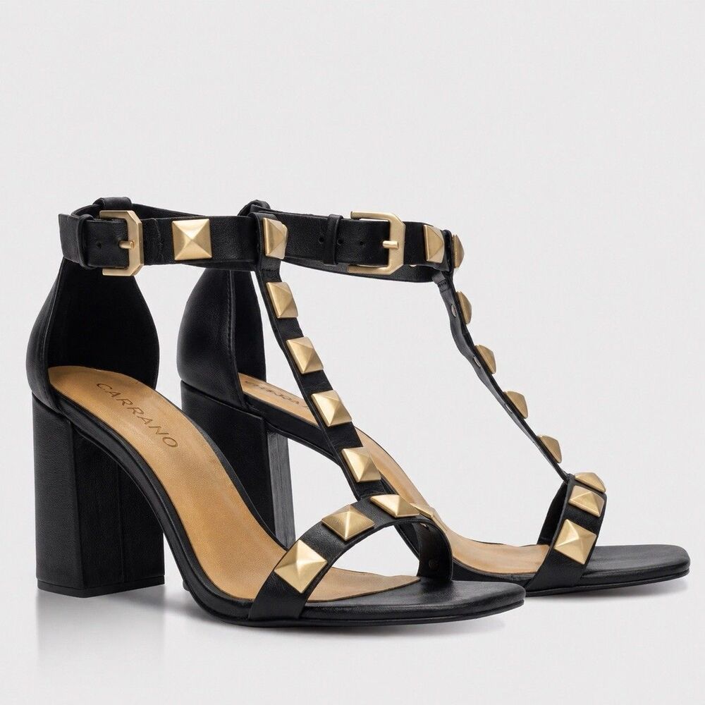 Carrano Black Leather Studded Ankle Strap Heels Valentino Inspired Brazil Size 8